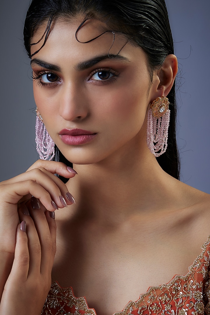 Gold Finish Moissanite Polki & Pink Agate Crystal Tassel Dangler Earrings by JewelTreeTz at Pernia's Pop Up Shop