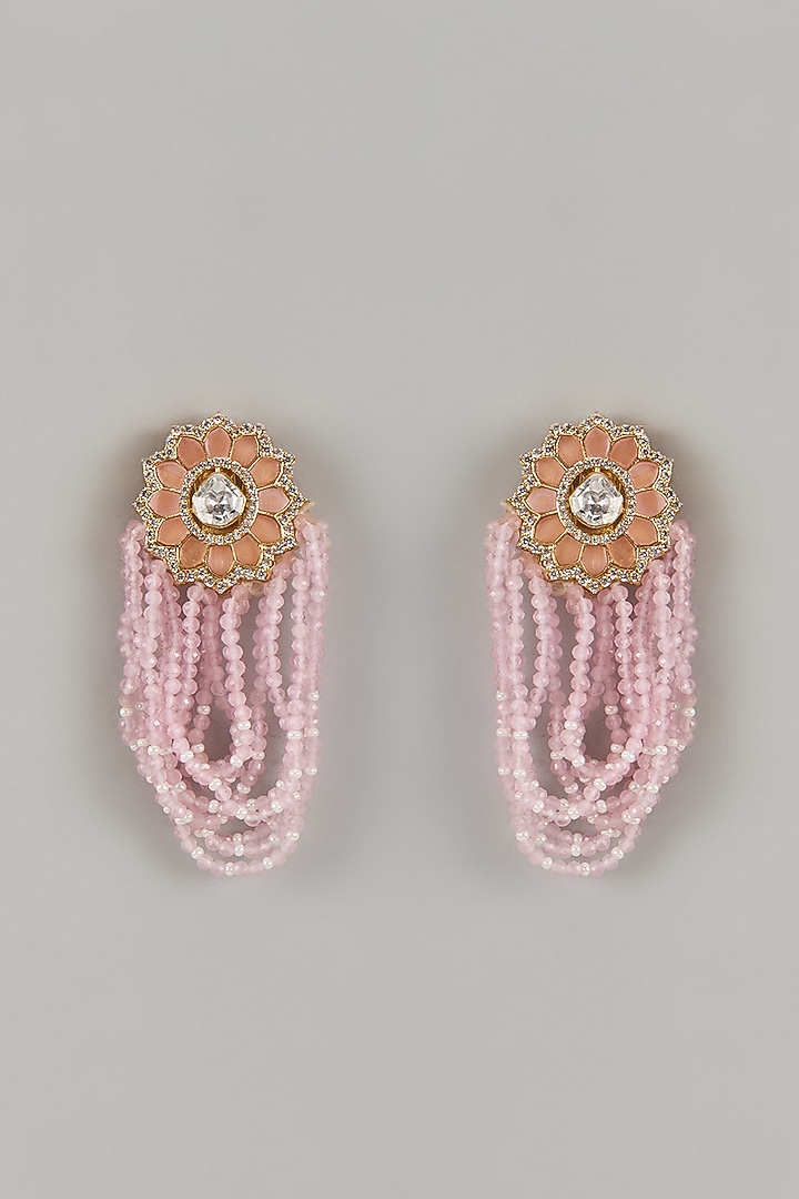 Gold Finish Moissanite Polki & Pink Agate Crystal Tassel Dangler Earrings by JewelTreeTz at Pernia's Pop Up Shop