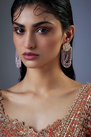 Gold Finish Moissanite Polki & Pink Agate Crystal Tassel Dangler Earrings by JewelTreeTz