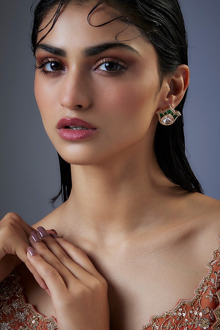 Gold Finish Moissanite Polki Lotus Petal Shaped Stud Earrings by JewelTreeTz at Pernia's Pop Up Shop