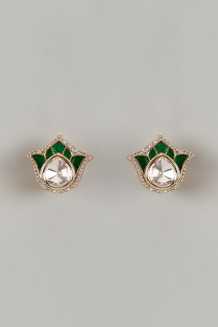 Gold Finish Moissanite Polki Lotus Petal Shaped Stud Earrings by JewelTreeTz at Pernia's Pop Up Shop