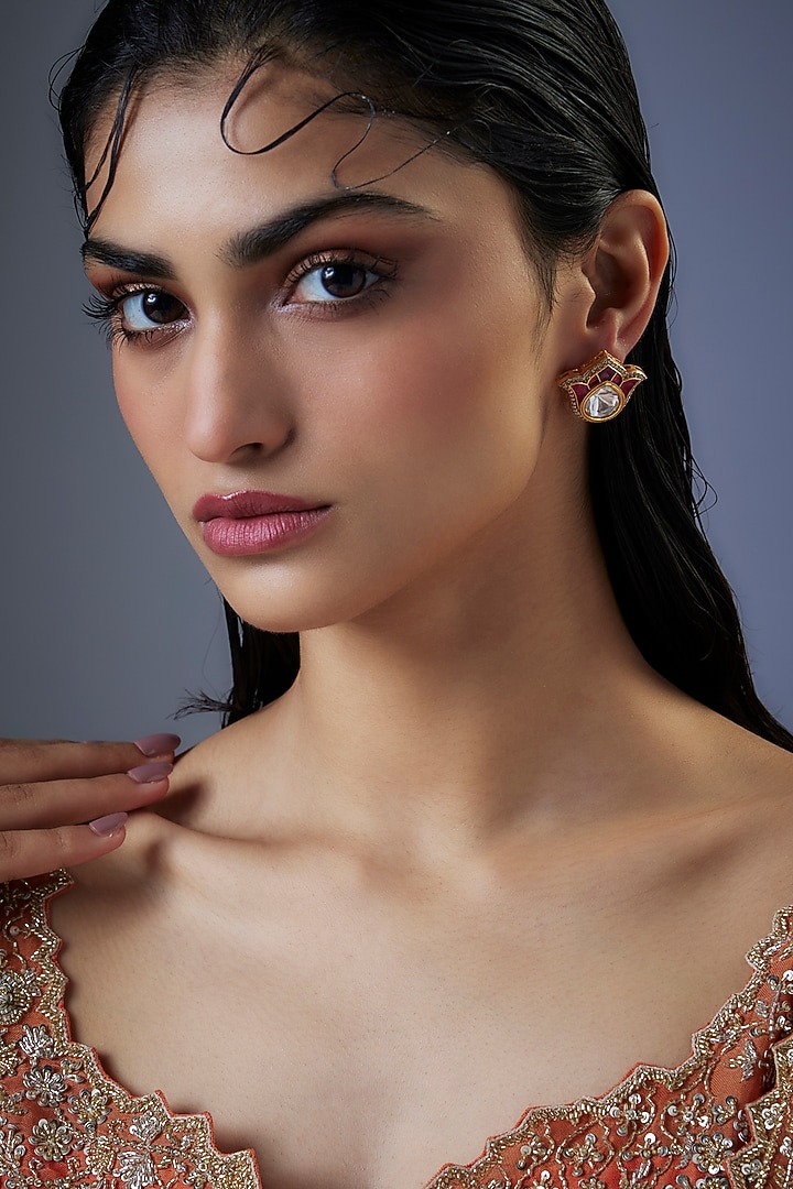 Gold Finish Moissanite Polki Lotus Petal Shaped Stud Earrings by JewelTreeTz at Pernia's Pop Up Shop