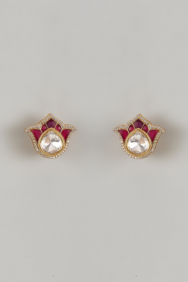 Gold Finish Moissanite Polki Lotus Petal Shaped Stud Earrings by JewelTreeTz at Pernia's Pop Up Shop