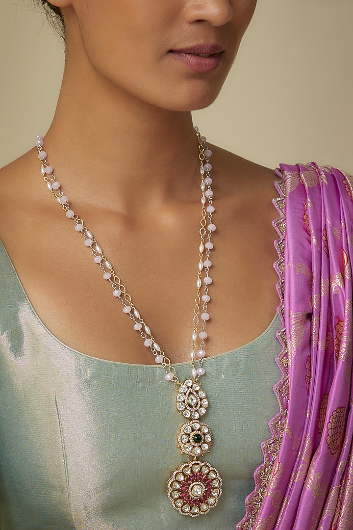 Gold Finish Moissanite Polki & Red Stone Long Pendant Necklace by JewelTreeTz at Pernia's Pop Up Shop