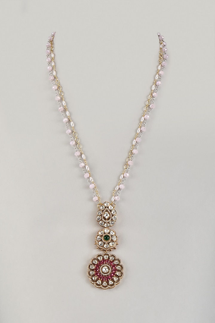 Gold Finish Moissanite Polki & Red Stone Long Pendant Necklace by JewelTreeTz at Pernia's Pop Up Shop