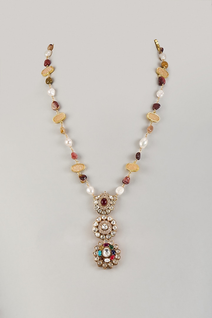 Gold Finish Moissanite Polki & Navratna Stone Long Pendant Necklace by JewelTreeTz at Pernia's Pop Up Shop