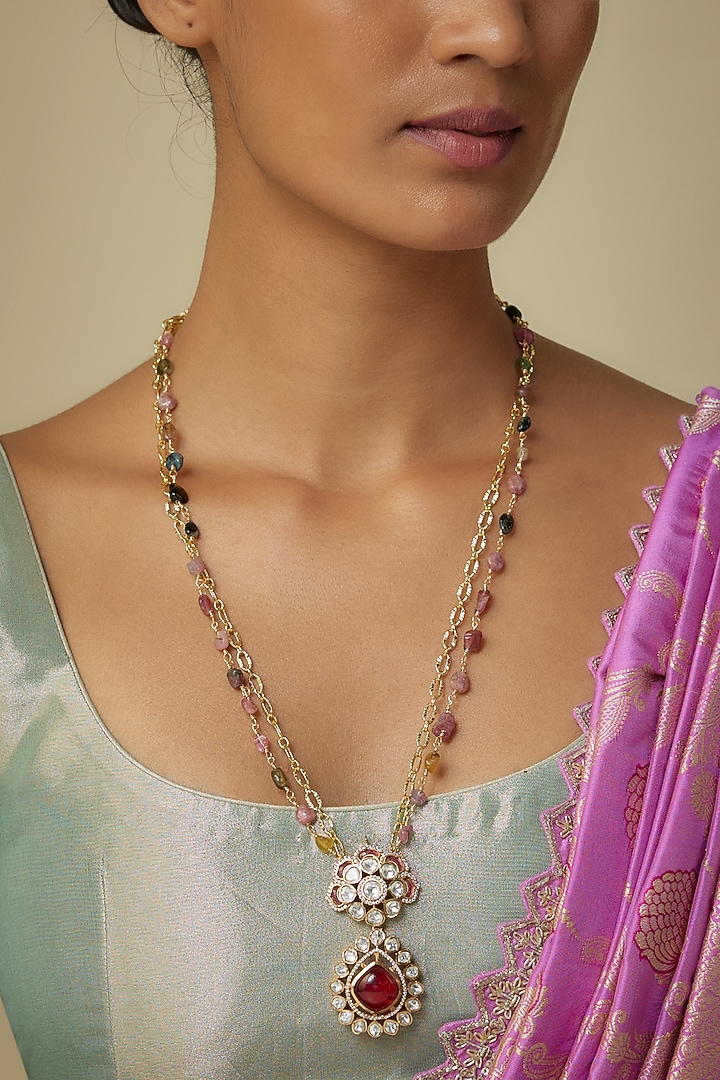 Gold Finish Moissanite Polki & Natural Stone Long Pendant Necklace by JewelTreeTz at Pernia's Pop Up Shop