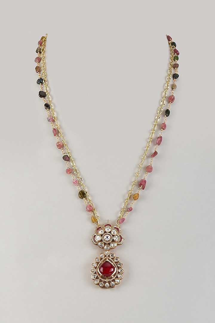 Gold Finish Moissanite Polki & Natural Stone Long Pendant Necklace by JewelTreeTz at Pernia's Pop Up Shop