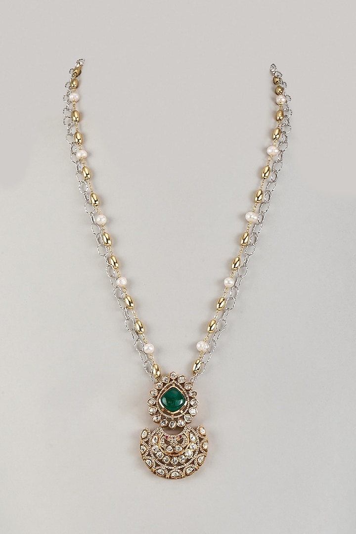 Gold Finish Moissanite Polki & Green Stone Long Pendant Necklace by JewelTreeTz at Pernia's Pop Up Shop