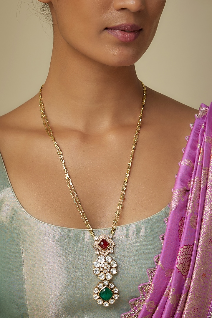 Gold Finish Moissanite Polki & Stone Long Pendant Necklace by JewelTreeTz at Pernia's Pop Up Shop