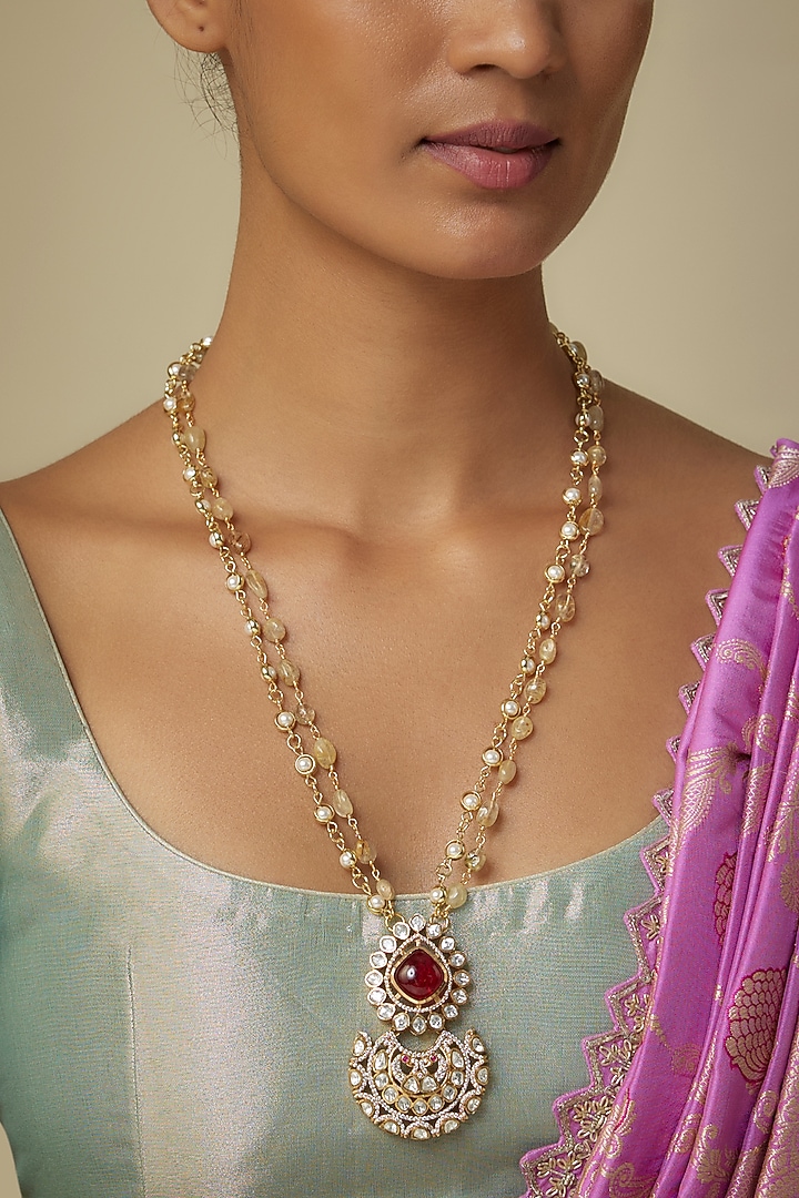 Gold Finish Moissanite Polki & Red Stone Long Pendant Necklace by JewelTreeTz at Pernia's Pop Up Shop
