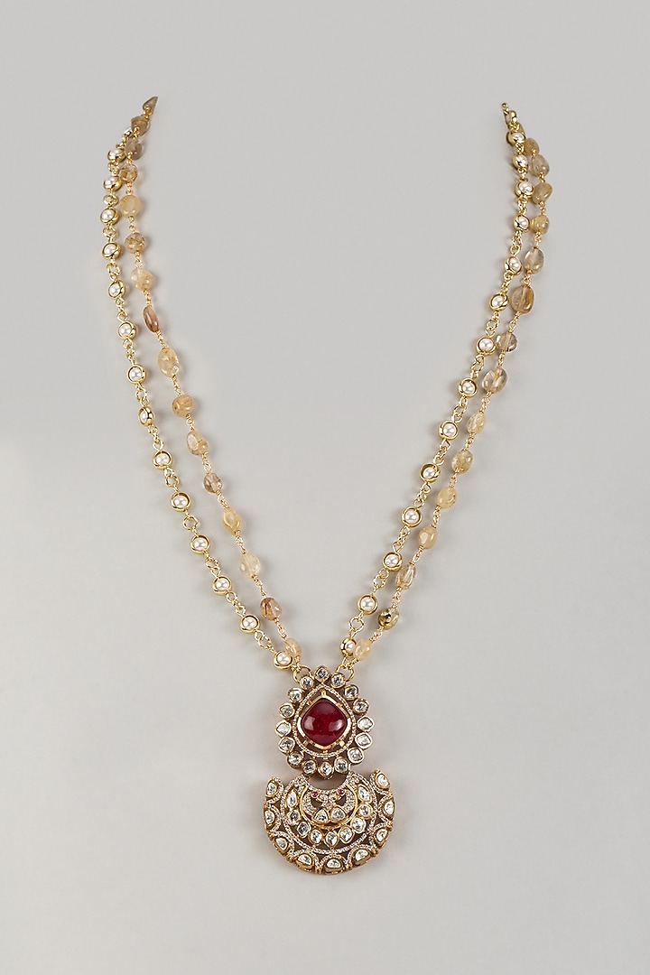 Gold Finish Moissanite Polki & Red Stone Long Pendant Necklace by JewelTreeTz at Pernia's Pop Up Shop