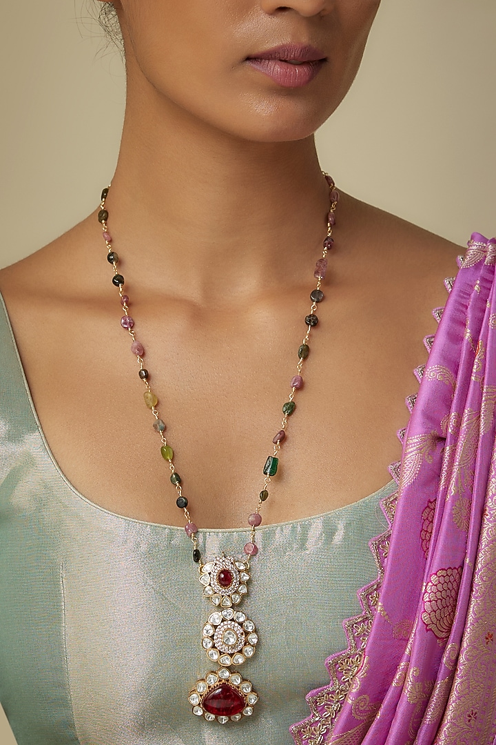 Gold Finish Moissanite Polki & Multi-Colored Natural Stone Long Pendant Necklace by JewelTreeTz at Pernia's Pop Up Shop