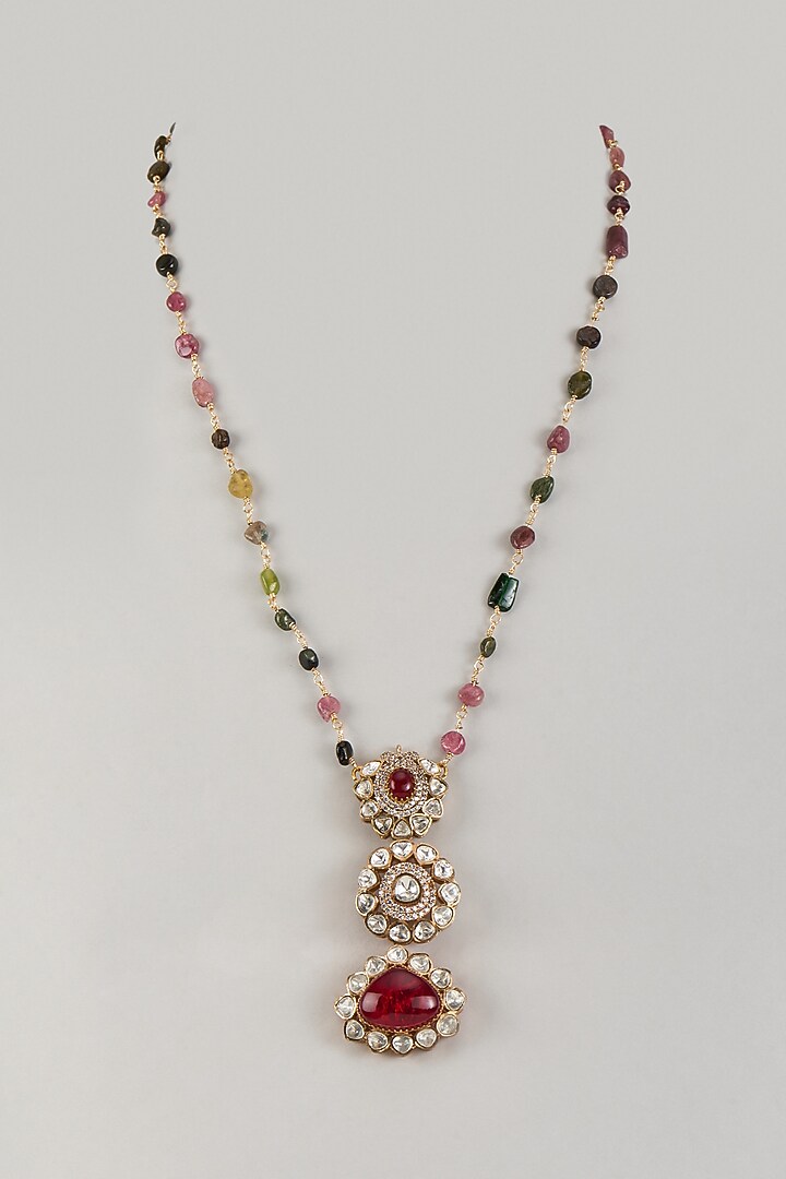 Gold Finish Moissanite Polki & Multi-Colored Natural Stone Long Pendant Necklace by JewelTreeTz at Pernia's Pop Up Shop
