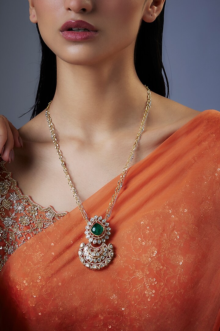 Gold Finish Moissanite Polki & Green Stone Long Pendant Necklace by JewelTreeTz at Pernia's Pop Up Shop