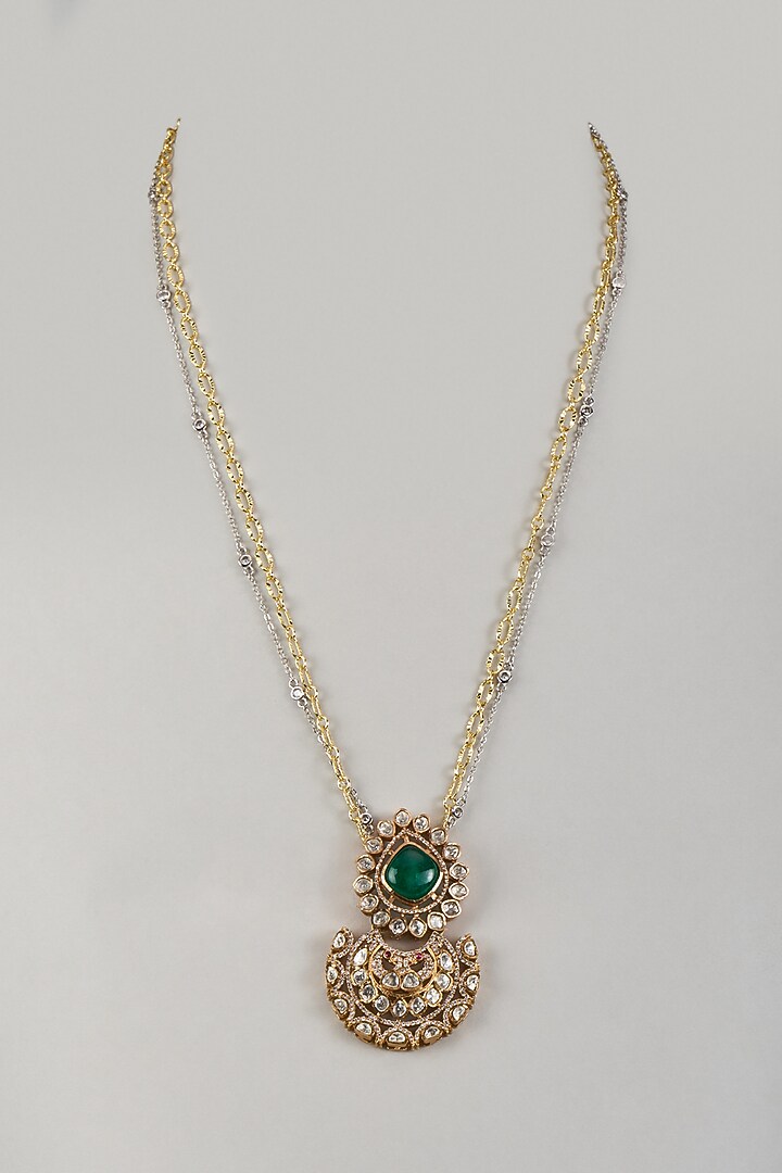 Gold Finish Moissanite Polki & Green Stone Long Pendant Necklace by JewelTreeTz at Pernia's Pop Up Shop