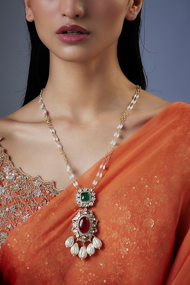 Gold Finish Moissanite Polki & Pearl Drop Long Pendant Necklace by JewelTreeTz at Pernia's Pop Up Shop