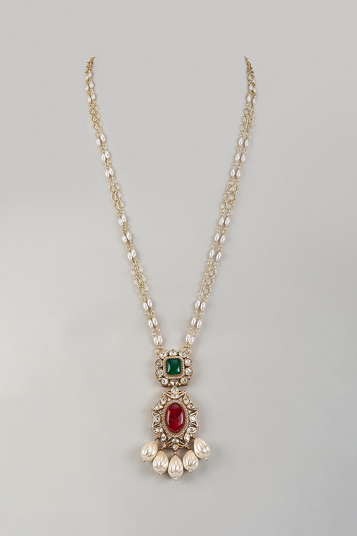 Gold Finish Moissanite Polki & Pearl Drop Long Pendant Necklace by JewelTreeTz at Pernia's Pop Up Shop