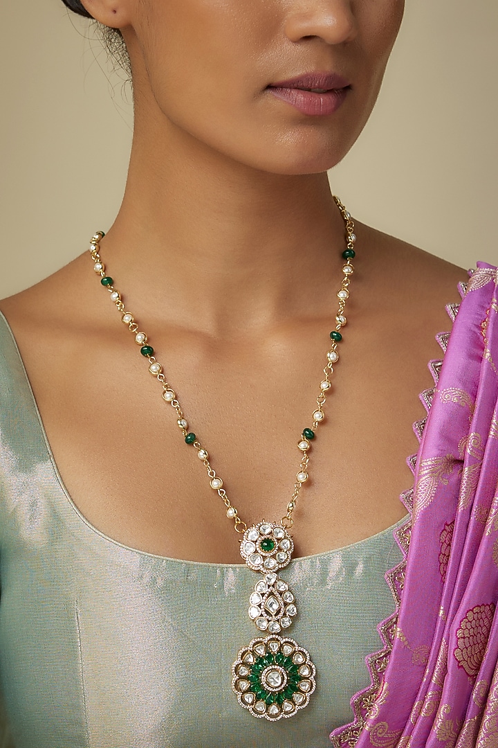 Gold Finish Moissanite Polki & Green Stone Long Pendant Necklace by JewelTreeTz at Pernia's Pop Up Shop