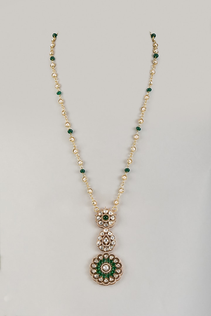 Gold Finish Moissanite Polki & Green Stone Long Pendant Necklace by JewelTreeTz at Pernia's Pop Up Shop
