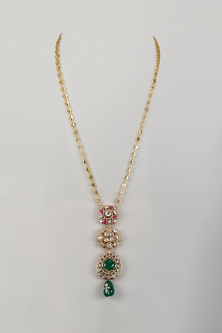 Gold Finish Moissanite Polki & Emerald Drop Long Pendant Necklace by JewelTreeTz at Pernia's Pop Up Shop