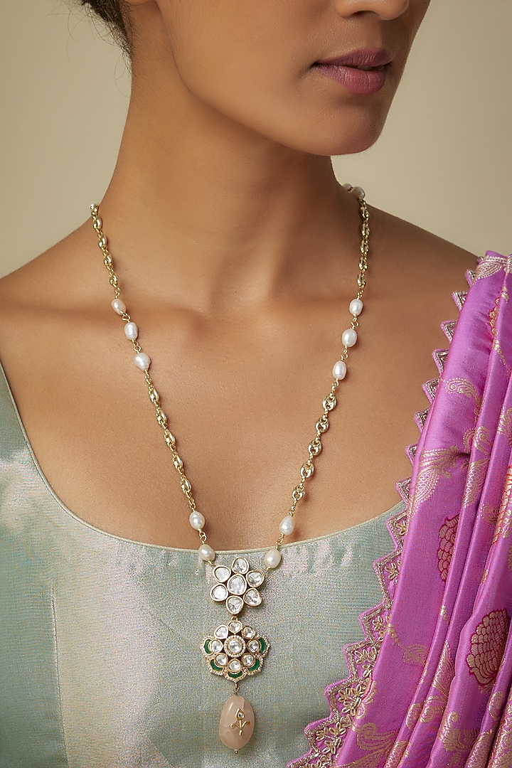 Gold Finish Moissanite Polki & Pink Drop Long Pendant Necklace by JewelTreeTz at Pernia's Pop Up Shop
