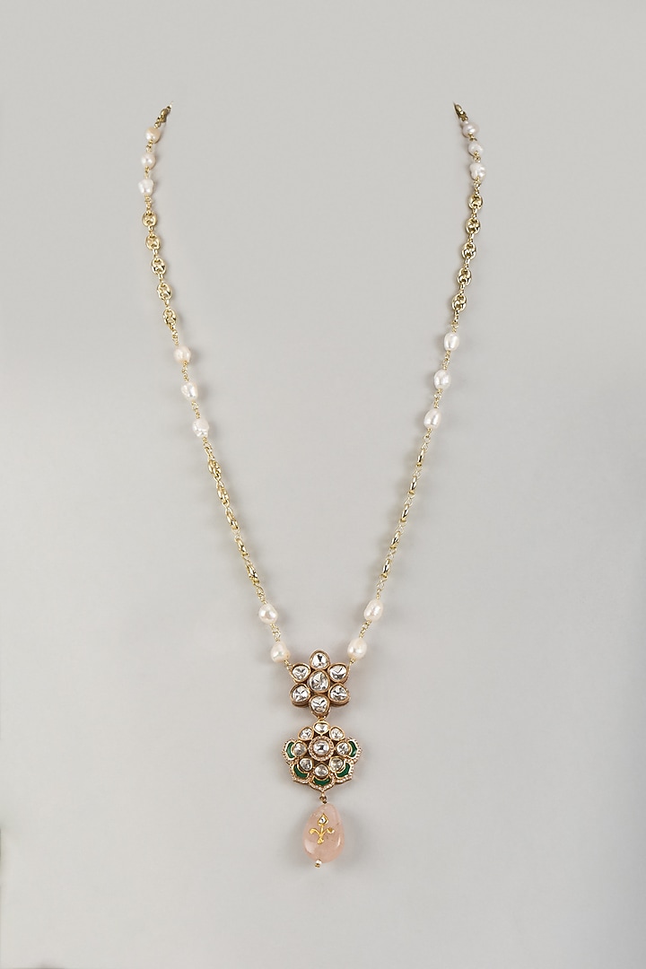 Gold Finish Moissanite Polki & Pink Drop Long Pendant Necklace by JewelTreeTz at Pernia's Pop Up Shop
