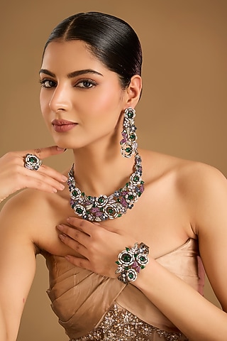 Black Rhodium Finish Zircon & Multi-Colored Stone Statement Necklace Set by JewelTreeTz