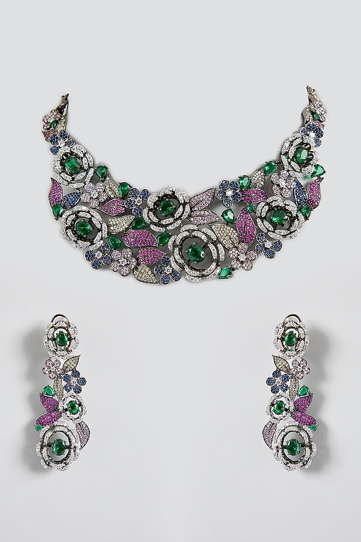 Black Rhodium Finish Zircon & Multi-Colored Stone Statement Necklace Set by JewelTreeTz at Pernia's Pop Up Shop