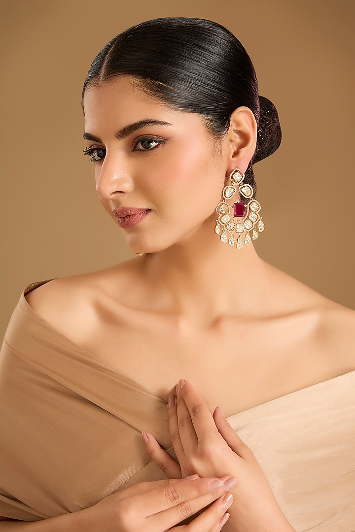 Gold Finish Kundan Polki & Red Stone Chandbali Earrings by JewelTreeTz at Pernia's Pop Up Shop