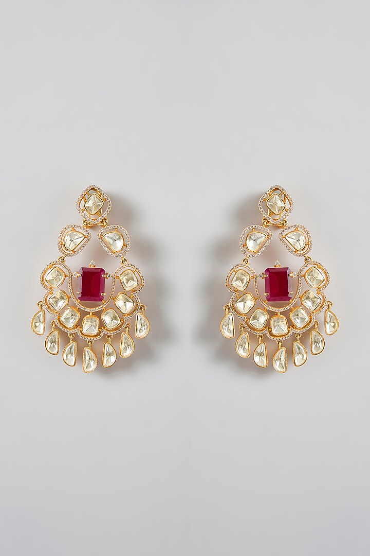 Gold Finish Kundan Polki & Red Stone Chandbali Earrings by JewelTreeTz at Pernia's Pop Up Shop