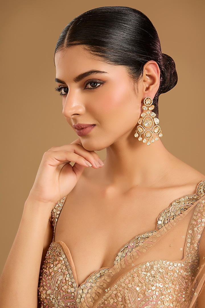 Gold Finish Kundan Polki Chandbali Earrings by JewelTreeTz at Pernia's Pop Up Shop