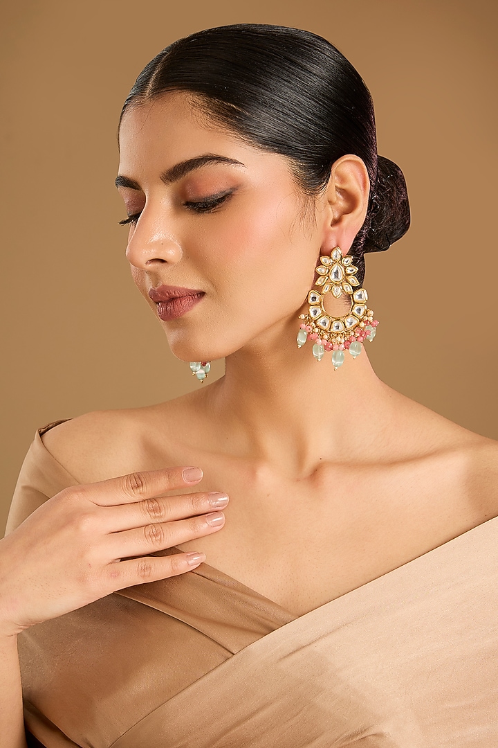 Gold Finish Kundan Polki & Pink Stone Chandbali Earrings by JewelTreeTz at Pernia's Pop Up Shop