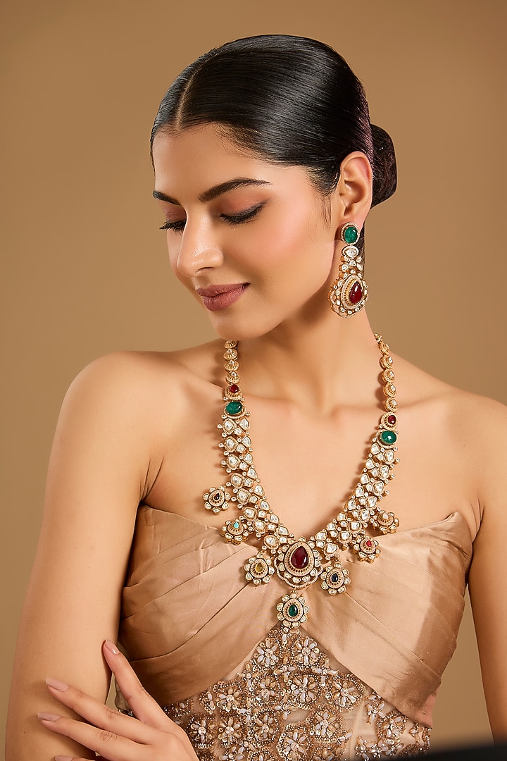 Rose Gold Finish Kundan Polki & Navratna Stone Long Necklace Set by JewelTreeTz at Pernia's Pop Up Shop