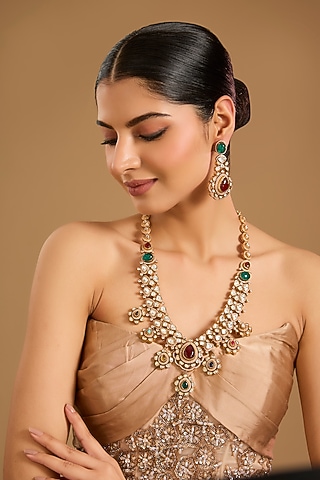 Rose Gold Finish Kundan Polki & Navratna Stone Long Necklace Set by JewelTreeTz
