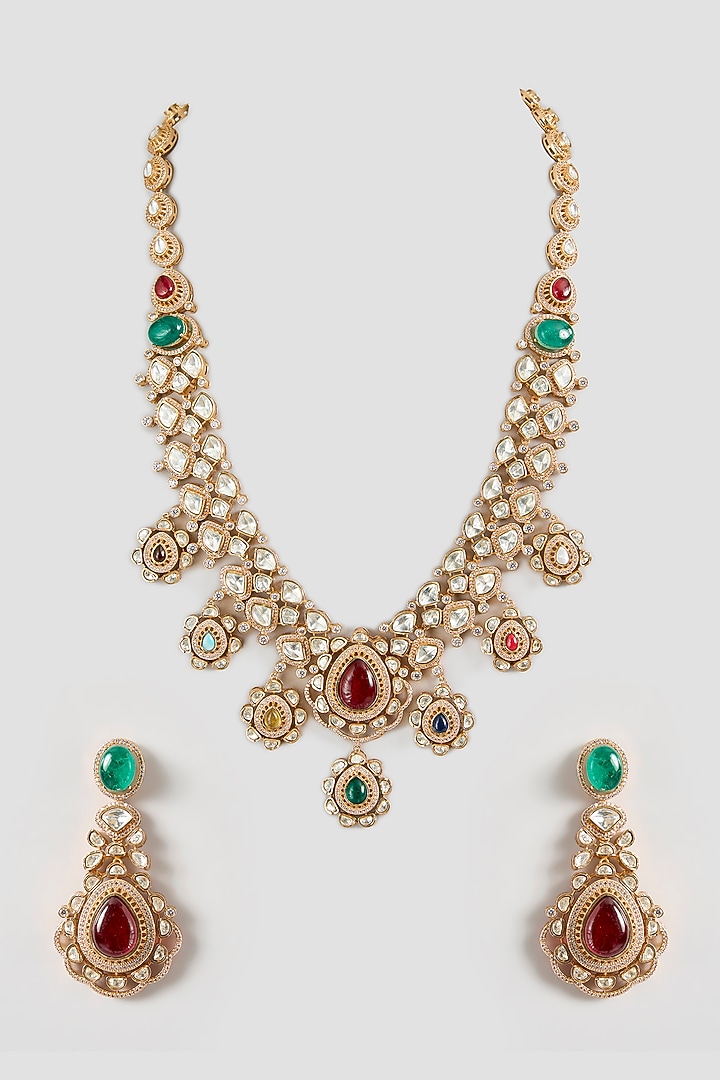 Rose Gold Finish Kundan Polki & Navratna Stone Long Necklace Set by JewelTreeTz at Pernia's Pop Up Shop