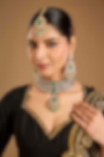 Two-Tone Finish Kundan Polki & Green Stone Choker Necklace Set by JewelTreeTz at Pernia's Pop Up Shop