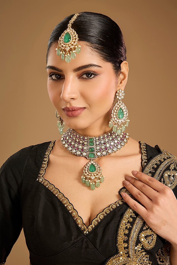 Two-Tone Finish Kundan Polki & Green Stone Choker Necklace Set by JewelTreeTz at Pernia's Pop Up Shop