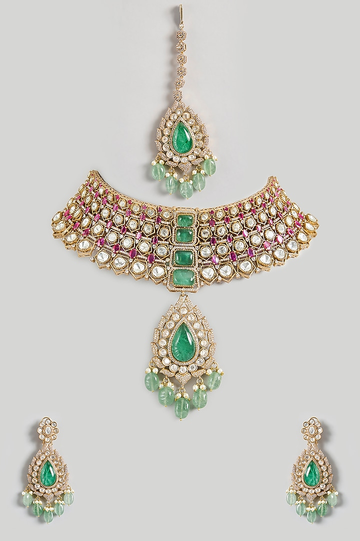 Two-Tone Finish Kundan Polki & Green Stone Choker Necklace Set by JewelTreeTz at Pernia's Pop Up Shop
