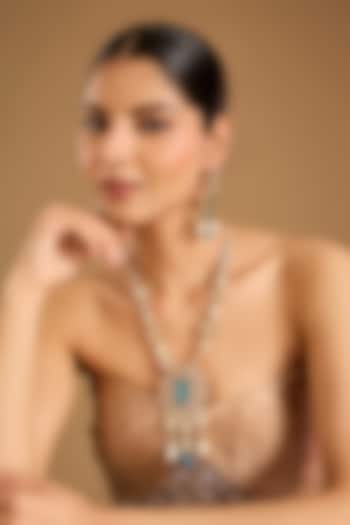 Gold Finish Kundan Polki & Sapphire Stone Long Necklace Set by JewelTreeTz at Pernia's Pop Up Shop