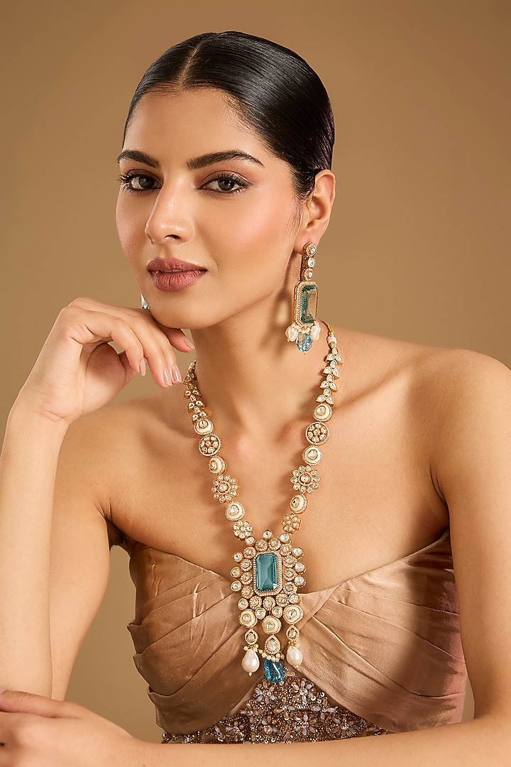 Gold Finish Kundan Polki & Sapphire Stone Long Necklace Set by JewelTreeTz at Pernia's Pop Up Shop