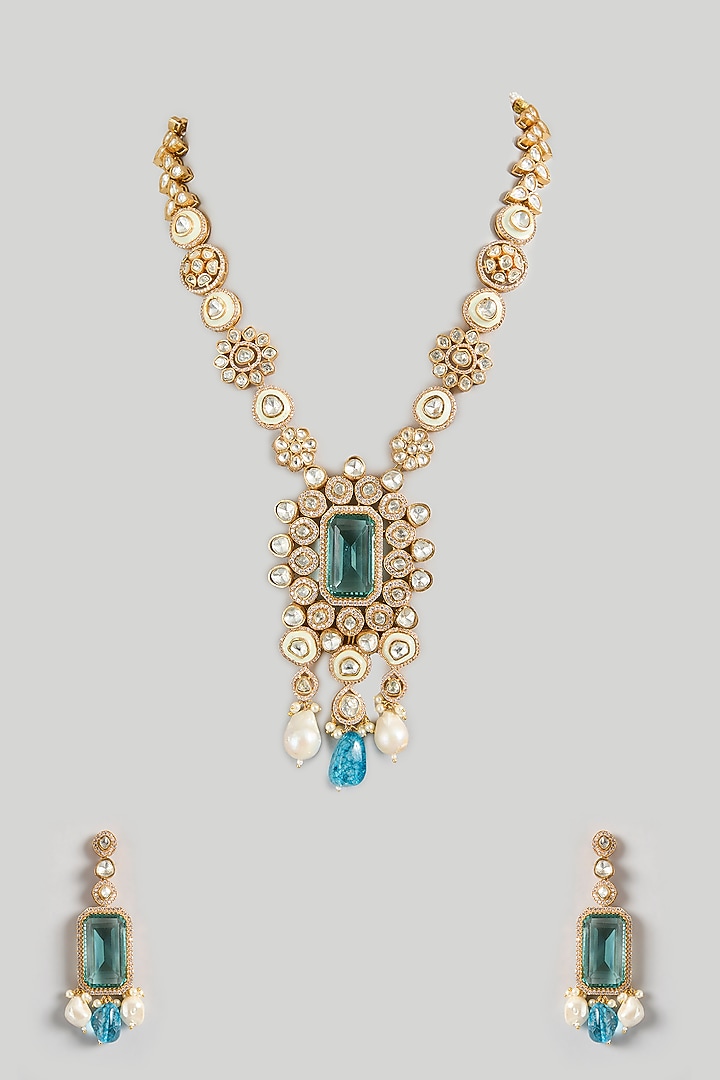 Gold Finish Kundan Polki & Sapphire Stone Long Necklace Set by JewelTreeTz at Pernia's Pop Up Shop