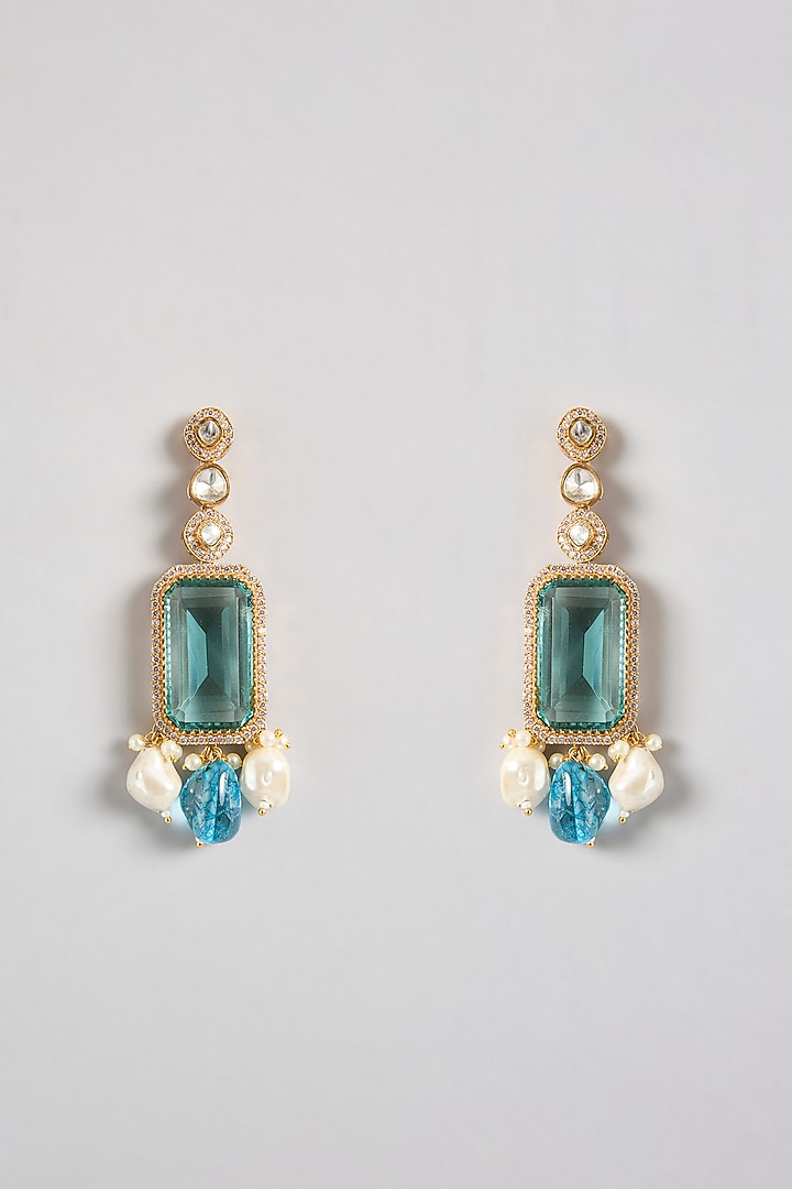 Gold Finish Kundan Polki & Sapphire Stone Long Necklace Set by JewelTreeTz at Pernia's Pop Up Shop