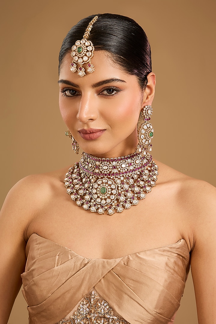 Gold Finish Kundan Polki & Green Stone Choker Necklace Set by JewelTreeTz at Pernia's Pop Up Shop