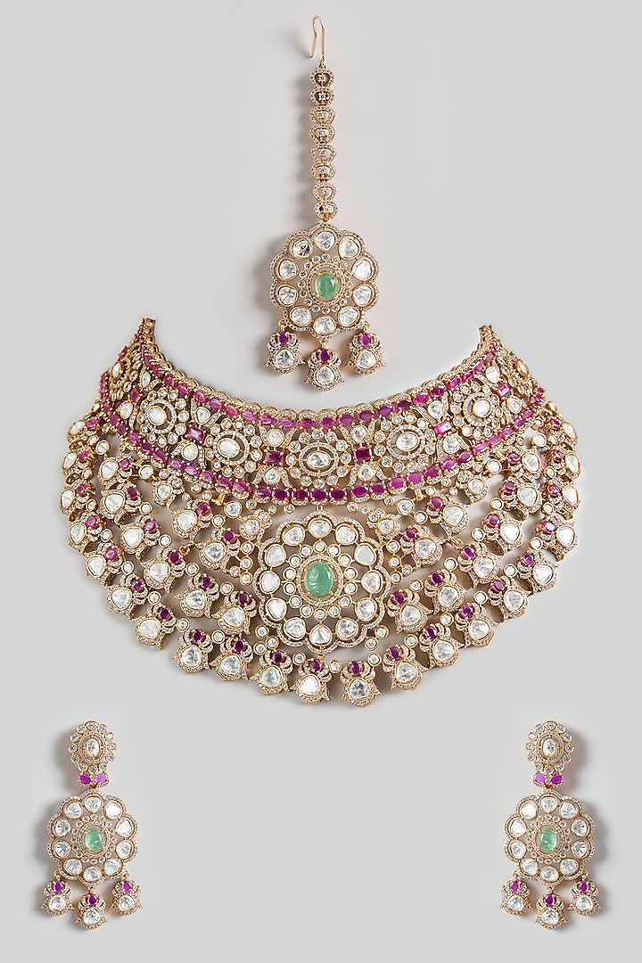 Gold Finish Kundan Polki & Green Stone Choker Necklace Set by JewelTreeTz at Pernia's Pop Up Shop