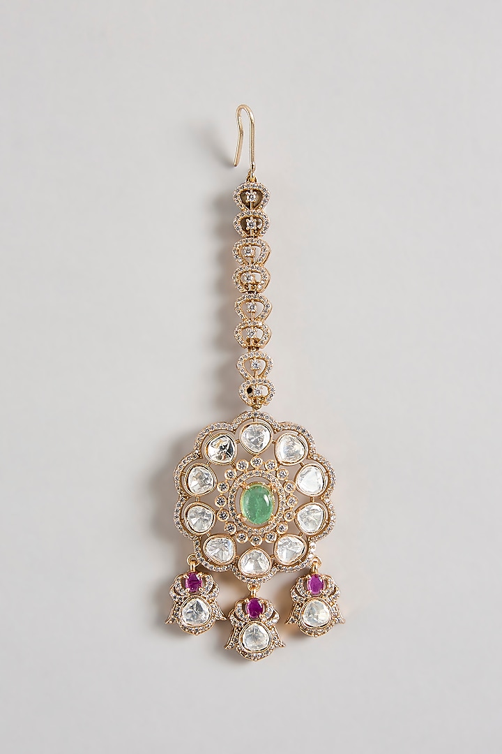 Gold Finish Kundan Polki & Green Stone Choker Necklace Set by JewelTreeTz at Pernia's Pop Up Shop