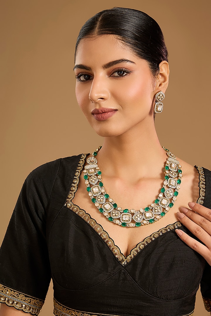 Two-Tone Finish Kundan Polki & Emerald Stone Necklace Set by JewelTreeTz at Pernia's Pop Up Shop