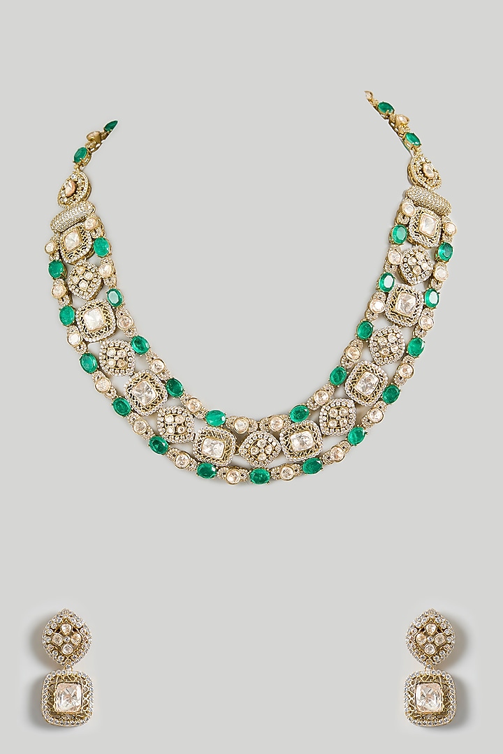Two-Tone Finish Kundan Polki & Emerald Stone Necklace Set by JewelTreeTz at Pernia's Pop Up Shop
