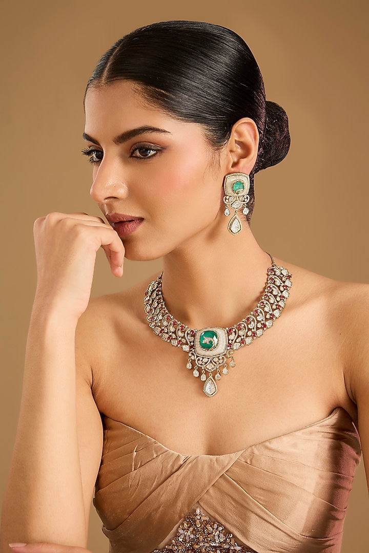 Gold Finish Kundan Polki & Multi-Colored Stone Necklace Set by JewelTreeTz at Pernia's Pop Up Shop