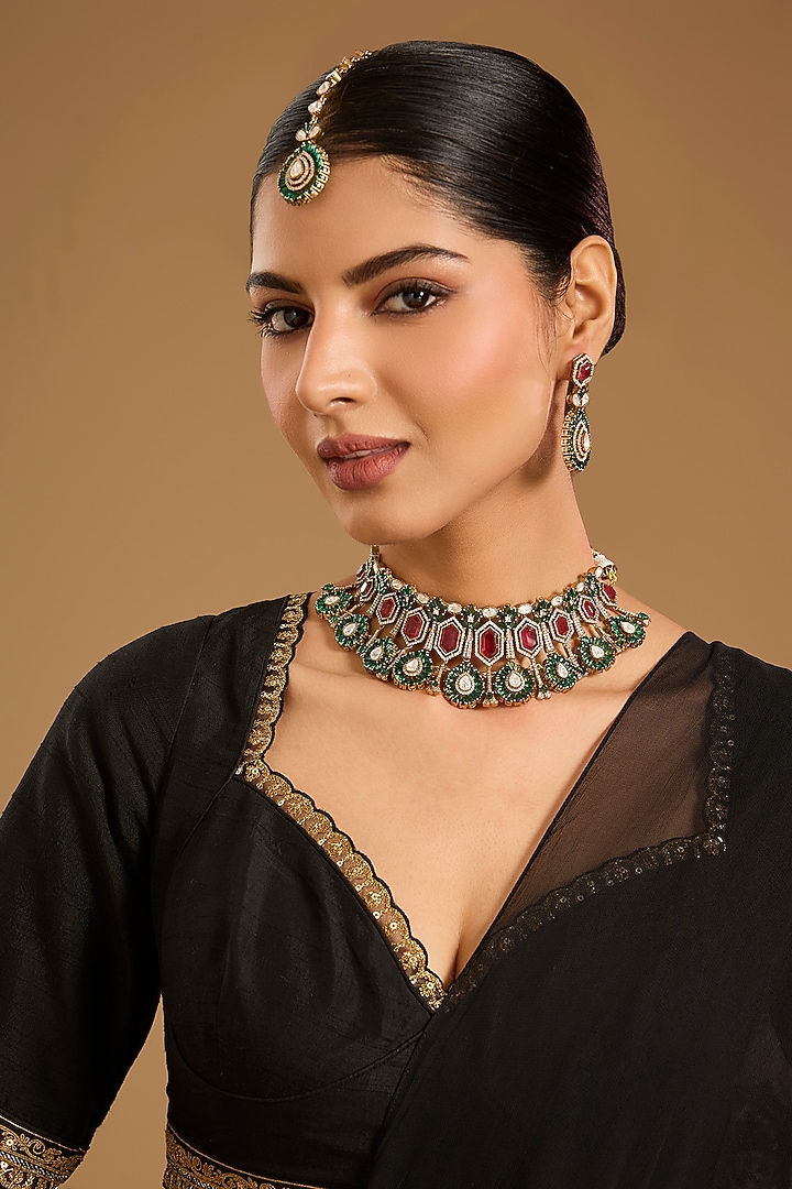 Two-Tone Finish Kundan Polki & Multi-Colored Stone Choker Necklace Set by JewelTreeTz at Pernia's Pop Up Shop
